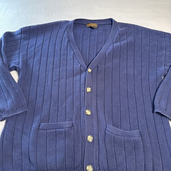 Vintage Eddie Bauer Grandpa Sweater Cardigan Men XL Blue Ribbed Fisherman Knit - Picture 2 of 4